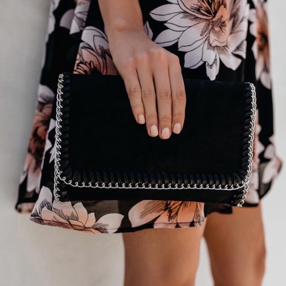 Handbags - Black vegan leather clutch with heavy chain. Has a detachable chain-crossbody.